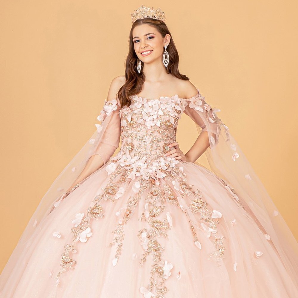 New Rose Gold Floor Length Mesh Off Shoulder Dress With Structural Corset Gl3075
